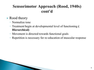  Rood theory
◦ Normalize tone
◦ Treatment begin at developmental level of functioning (
Hierarchical)
◦ Movement is directed towards functional goals
◦ Repetition is necessary for re-education of muscular response
8
 