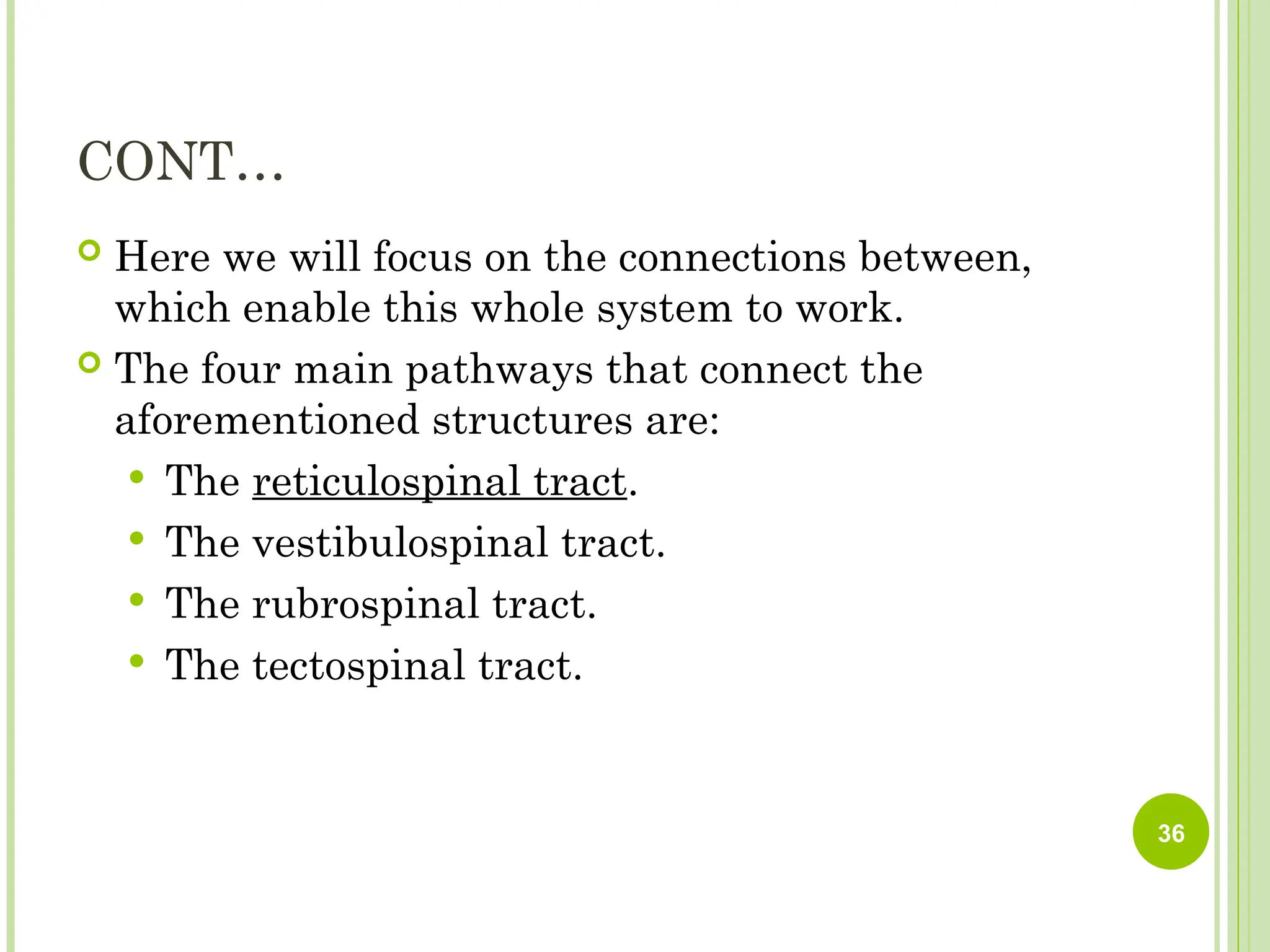 CONT…
 Here we will focus on the connections between,
which enable this whole system to work.
 The four main pathways that connect the
aforementioned structures are:
 The reticulospinal tract.
 The vestibulospinal tract.
 The rubrospinal tract.
 The tectospinal tract.
36
 