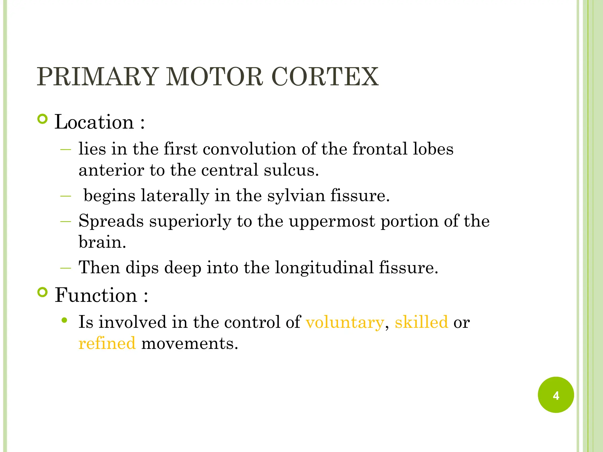 PRIMARY MOTOR CORTEX
 Location :
― lies in the first convolution of the frontal lobes
anterior to the central sulcus.
― begins laterally in the sylvian fissure.
― Spreads superiorly to the uppermost portion of the
brain.
― Then dips deep into the longitudinal fissure.
 Function :
 Is involved in the control of voluntary, skilled or
refined movements.
4
 
