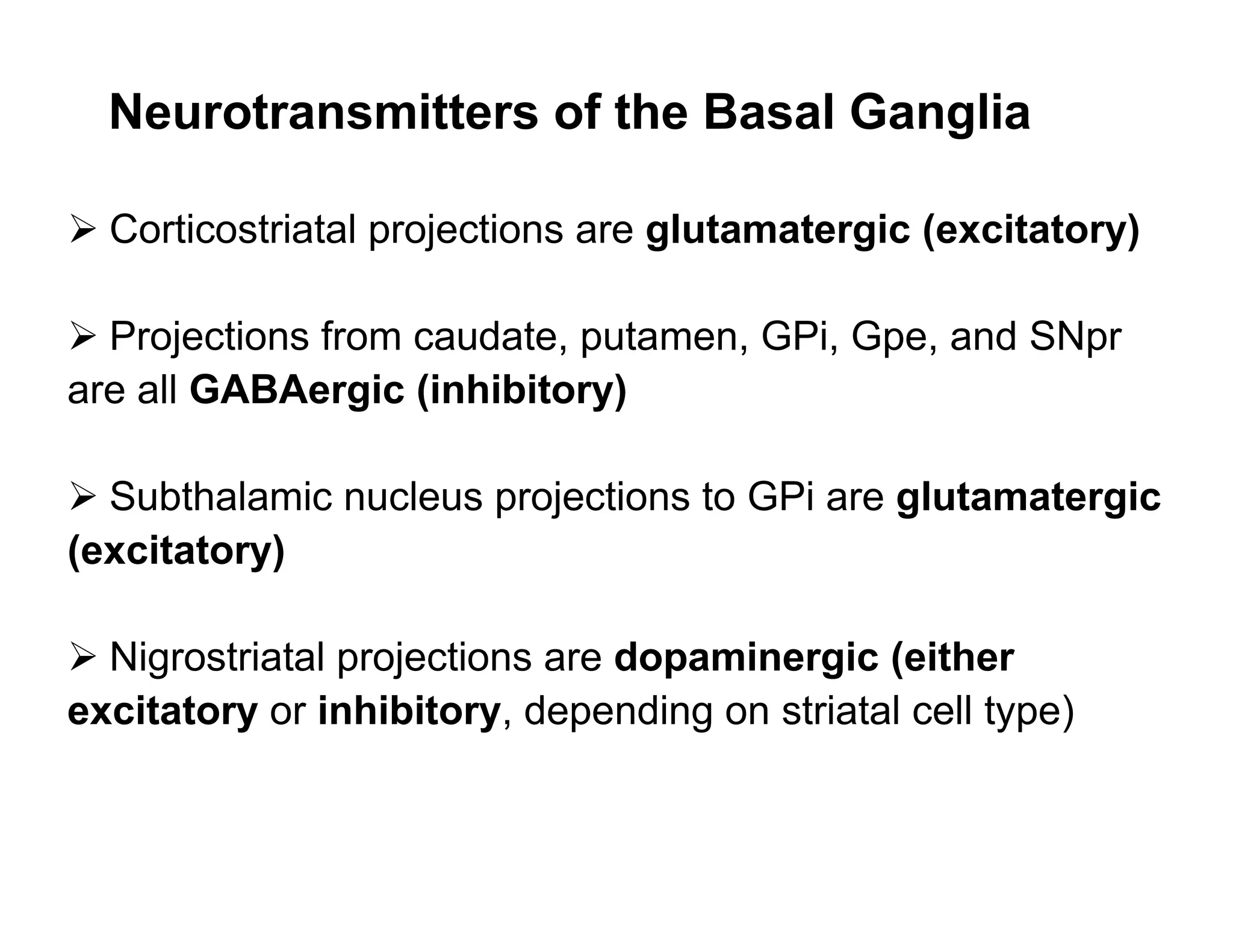 Neurotransmitters of the Basal Ganglia

 Corticostriatal projections are glutamatergic (excitatory)

 Projections from caudate, putamen, GPi, Gpe, and SNpr
are all GABAergic (inhibitory)

 Subthalamic nucleus projections to GPi are glutamatergic
(excitatory)

 Nigrostriatal projections are dopaminergic (either
excitatory or inhibitory, depending on striatal cell type)
 