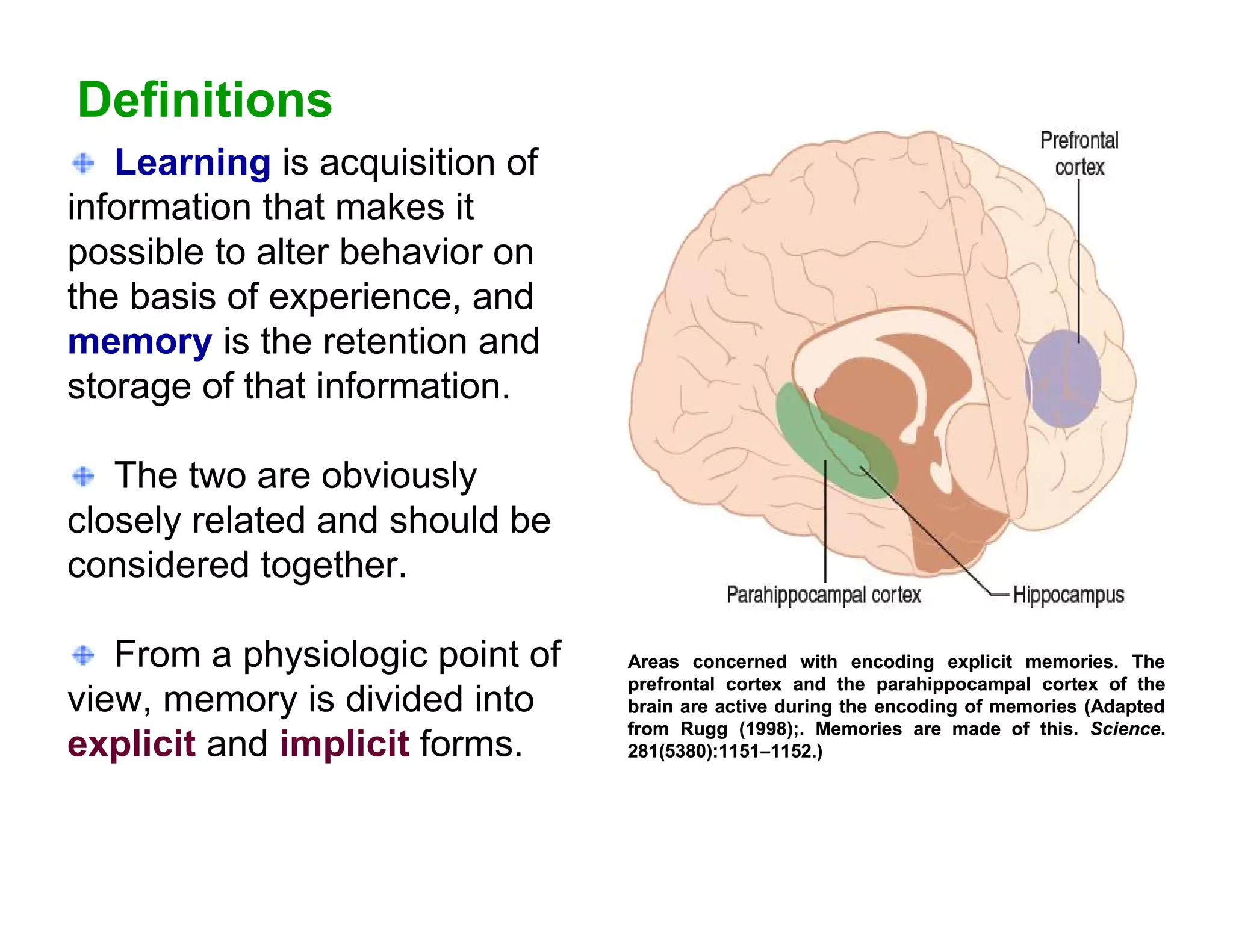 Definitions
   Learning is acquisition of
information that makes it
possible to alter behavior on
the basis of experience, and
memory is the retention and
storage of that information.

   The two are obviously
closely related and should be
considered together.

   From a physiologic point of   Areas concerned with encoding explicit memories. The
                                 prefrontal cortex and the parahippocampal cortex of the
view, memory is divided into     brain are active during the encoding of memories (Adapted
                                 from Rugg (1998);. Memories are made of this. Science.
explicit and implicit forms.     281(5380):1151–1152.)
 