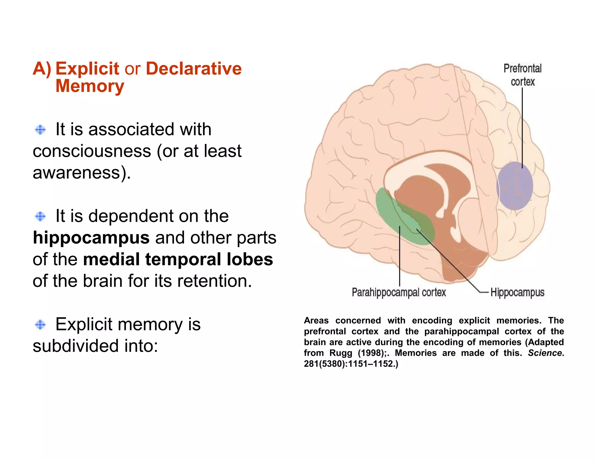 A) Explicit or Declarative
   Memory

  It is associated with
consciousness (or at least
awareness).

    It is dependent on the
hippocampus and other parts
of the medial temporal lobes
of the brain for its retention.

                                  Areas concerned with encoding explicit memories. The
  Explicit memory is              prefrontal cortex and the parahippocampal cortex of the
                                  brain are active during the encoding of memories (Adapted
subdivided into:                  from Rugg (1998);. Memories are made of this. Science.
                                  281(5380):1151–1152.)
 
