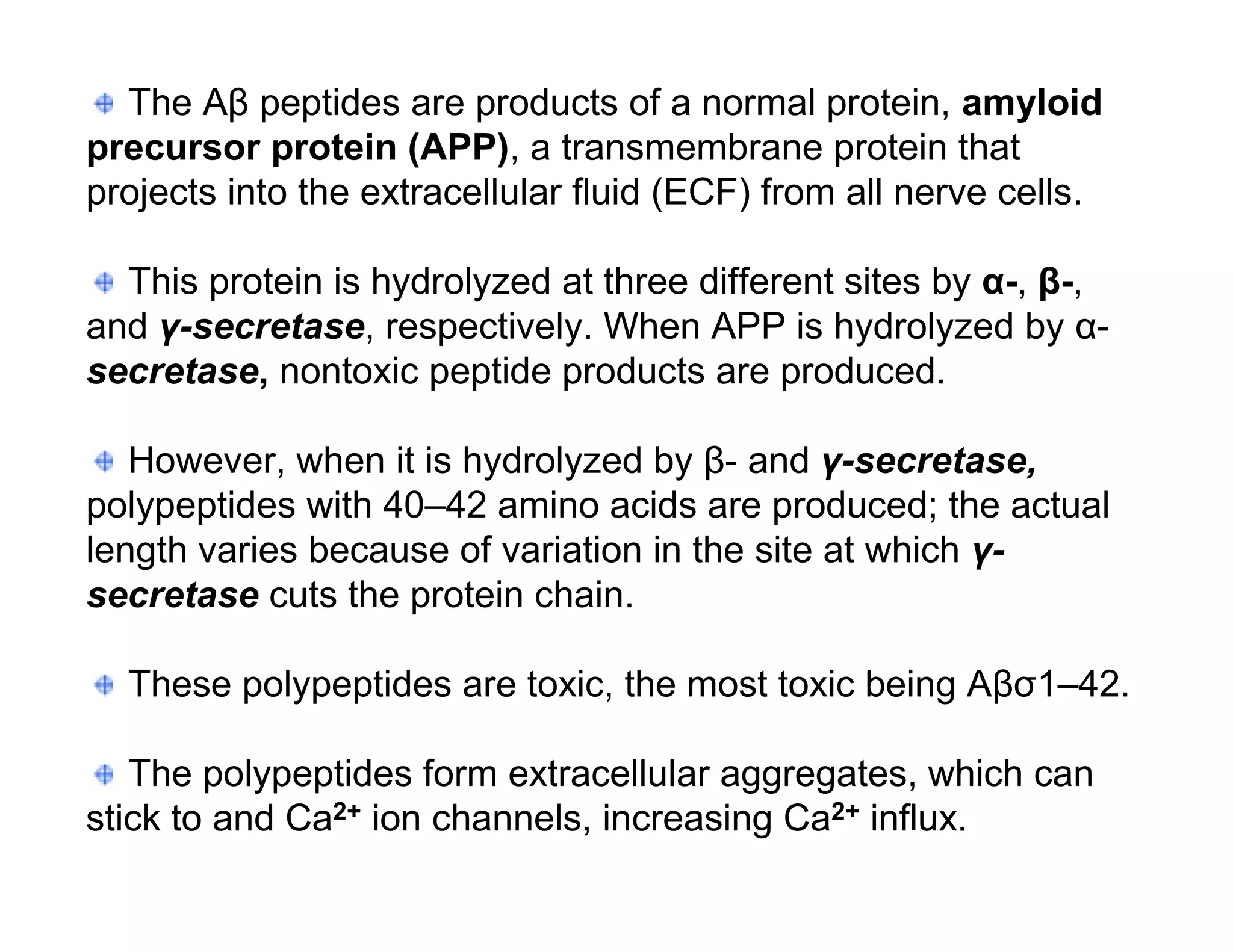 The Aβ peptides are products of a normal protein, amyloid
precursor protein (APP), a transmembrane protein that
projects into the extracellular fluid (ECF) from all nerve cells.

  This protein is hydrolyzed at three different sites by α-, β-,
and γ-secretase, respectively. When APP is hydrolyzed by α-
secretase, nontoxic peptide products are produced.

   However, when it is hydrolyzed by β- and γ-secretase,
polypeptides with 40–42 amino acids are produced; the actual
length varies because of variation in the site at which γ-
secretase cuts the protein chain.

  These polypeptides are toxic, the most toxic being Aβσ1–42.

   The polypeptides form extracellular aggregates, which can
stick to and Ca2+ ion channels, increasing Ca2+ influx.
 