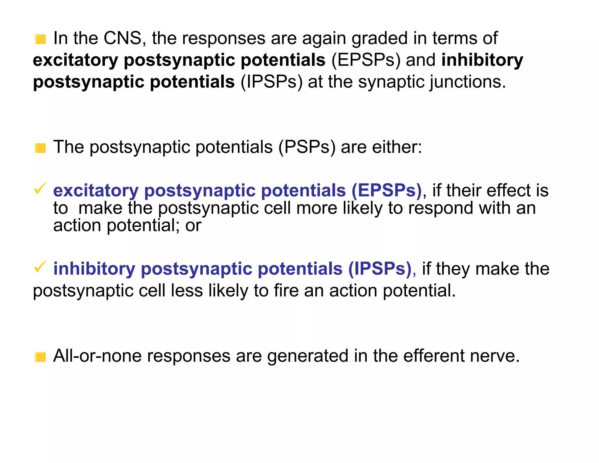 In the CNS, the responses are again graded in terms of
excitatory postsynaptic potentials (EPSPs) and inhibitory
postsynaptic potentials (IPSPs) at the synaptic junctions.


  The postsynaptic potentials (PSPs) are either:

 excitatory postsynaptic potentials (EPSPs), if their effect is
  to make the postsynaptic cell more likely to respond with an
  action potential; or

 inhibitory postsynaptic potentials (IPSPs), if they make the
postsynaptic cell less likely to fire an action potential.


  All-or-none responses are generated in the efferent nerve.
 