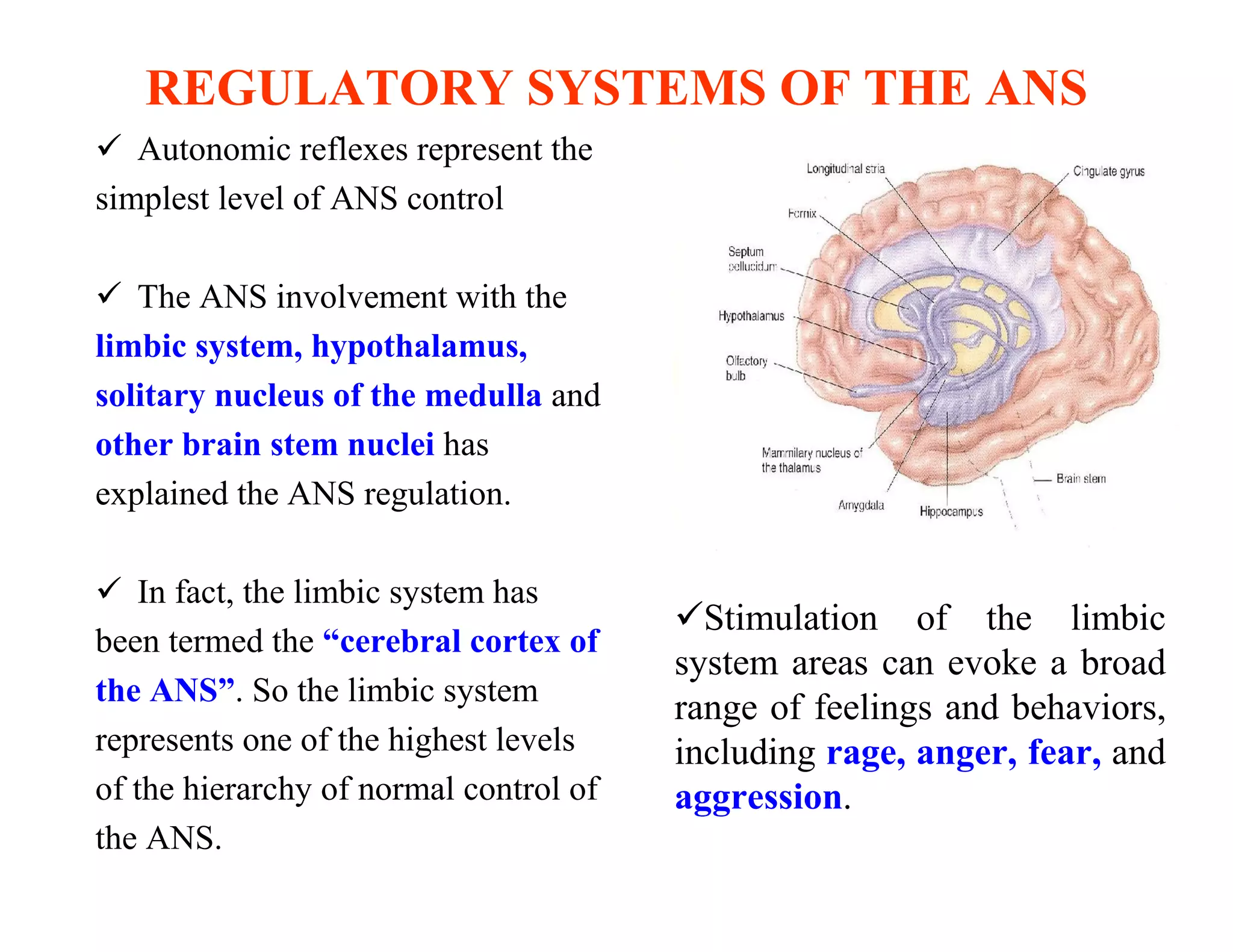 REGULATORY SYSTEMS OF THE ANS
 Autonomic reflexes represent the
simplest level of ANS control

 The ANS involvement with the
limbic system, hypothalamus,
solitary nucleus of the medulla and
other brain stem nuclei has
explained the ANS regulation.

 In fact, the limbic system has
                                        Stimulation of the limbic
been termed the “cerebral cortex of
                                        system areas can evoke a broad
the ANS”. So the limbic system
                                        range of feelings and behaviors,
represents one of the highest levels    including rage, anger, fear, and
of the hierarchy of normal control of   aggression.
the ANS.
 