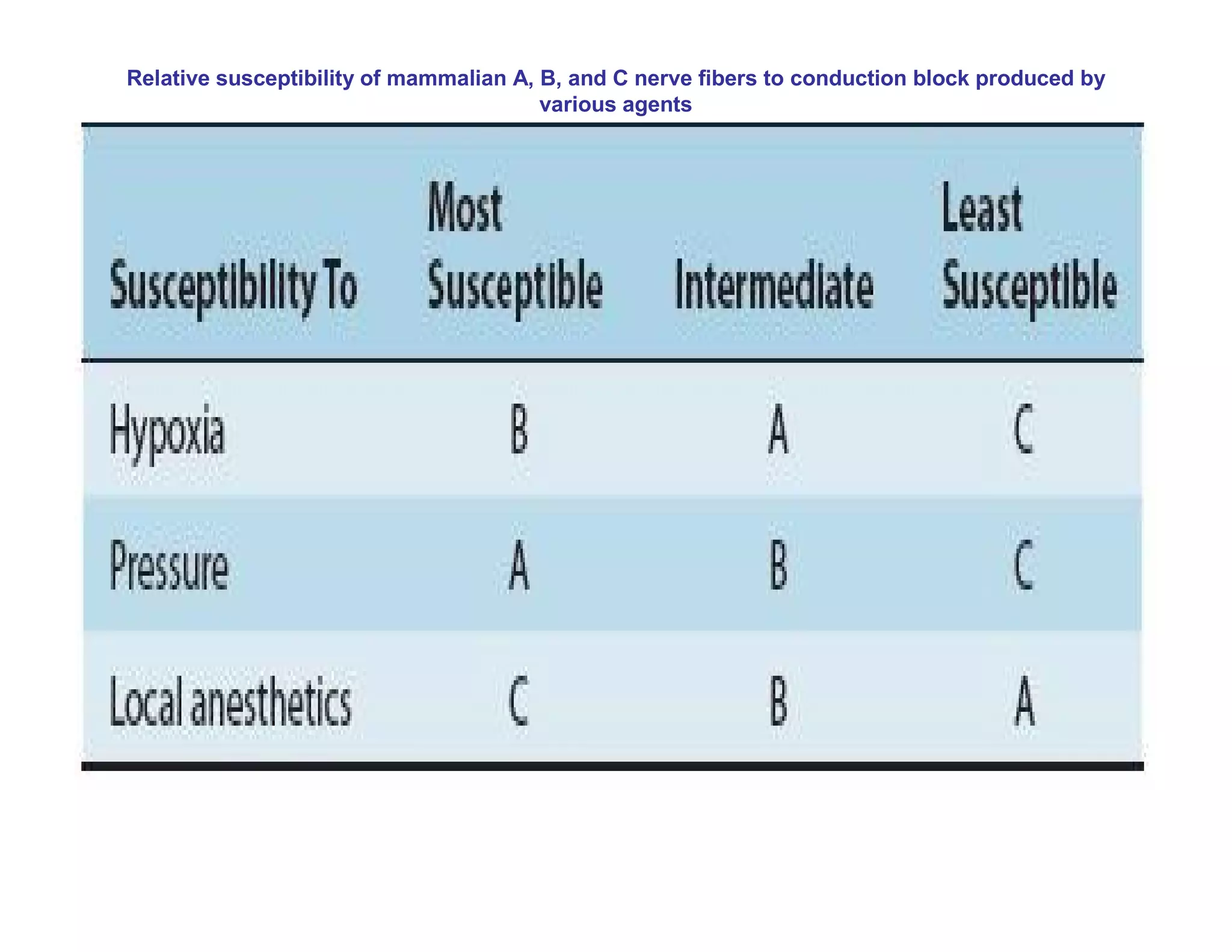 Relative susceptibility of mammalian A, B, and C nerve fibers to conduction block produced by
                                        various agents
 