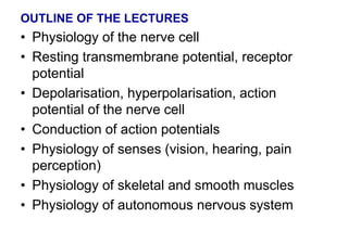 OUTLINE OF THE LECTURES
• Physiology of the nerve cell
• Resting transmembrane potential, receptor
potential
• Depolarisation, hyperpolarisation, action
potential of the nerve cell
• Conduction of action potentials
• Physiology of senses (vision, hearing, pain
perception)
• Physiology of skeletal and smooth muscles
• Physiology of autonomous nervous system
 