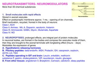 NEUROTRANSMITTERS- NEUROMODULATORS
More than 50 chemical substances
1. Small molecules with rapid effects
Stored in axonal vesicules
Effect on postsynaptic membrane approx. 1 ms, - opening of ion channels,
Brief inactivation, recycled, fromed in the body of neurons
Class I. ACH
Class II. Amines : NA, A, Dopamin, serotonin, histamin
Class III. Aminoacids: GABA, Glycin, Glutamate, Aspartate
Class IV. NO
2. NEUROPEPTIDES, prolonged effects, are integral part of protein molecules
In neuronal bodies, are fromed in the bodies and compose the vesicules inside of them,
then they are brought to the axonal terminals with longlasting effect (hours - days)
Modulates the expression of genes
A. Hypothalamic releasing hormones
B. Pituitary peptides: beta-endorfin, MSH, Prolactin, GH, vasopresin, oxytocin,
ACTH, LH, TSH
C. Peptides operating in GIT and brain: Leucin, enkefalin, methionin
substance P, gastrin, cholecystokinin, VIP, neurotensin, insulin, glucagon
D. From other tissues: angiotensin II, Bradykinin, Carnosin, calcitonin, sleep peptides
 