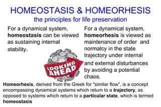 HOMEOSTASIS & HOMEORHESIS
the principles for life preservation
For a dynamical system,
homeostasis can be viewed
as sustaining internal
stability.
For a dynamical system,
homeorhesis is viewed as
maintenance of order and
normalcy in the state
trajectory under internal
and external disturbances
by avoiding a potential
chaos.
Homeorhesis, derived from the Greek for "similar flow", is a concept
encompassing dynamical systems which return to a trajectory, as
opposed to systems which return to a particular state, which is termed
homeostasis
 