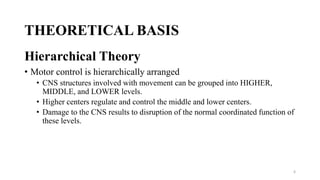 THEORETICAL BASIS
Hierarchical Theory
• Motor control is hierarchically arranged
• CNS structures involved with movement can be grouped into HIGHER,
MIDDLE, and LOWER levels.
• Higher centers regulate and control the middle and lower centers.
• Damage to the CNS results to disruption of the normal coordinated function of
these levels.
6
 
