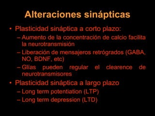 Alteraciones sinápticas Plasticidad sináptica a corto plazo: Aumento de la concentración de calcio facilita la neurotransmisión Liberación de mensajeros retrógrados (GABA, NO, BDNF, etc) Glías pueden regular el clearence de neurotransmisores Plasticidad sináptica a largo plazo Long term potentiation (LTP) Long term depression (LTD) 