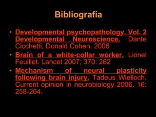 Bibliografía Developmental psychopathology. Vol. 2 Developmental Neuroscience.  Dante Cicchetti, Donald Cohen. 2006 Brain of a white-collar worker.  Lionel Feuillet. Lancet 2007; 370: 262 Mechanism of neural plasticity following brain injury.  Tadeus Wielloch. Current opinion in neurobiology 2006. 16: 258-264. 