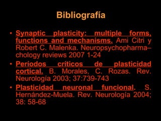 Bibliografía Synaptic plasticity: multiple forms, functions and mechanisms.  Ami Citri y Robert C. Malenka. Neuropsychopharma–chology reviews 2007 1-24 Períodos críticos de plasticidad cortical.  B. Morales, C. Rozas. Rev. Neurología 2003; 37:739-743 Plasticidad neuronal funcional .  S. Hernández-Muela. Rev. Neurología 2004; 38: 58-68 