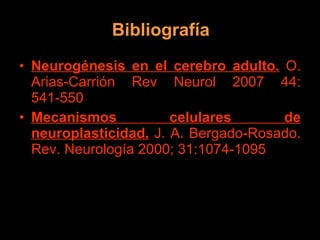Bibliografía Neurogénesis en el cerebro adulto.  O. Arias-Carrión Rev Neurol 2007 44: 541-550 Mecanismos celulares de neuroplasticidad.  J. A. Bergado-Rosado. Rev. Neurología 2000; 31:1074-1095 