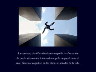 La corriente científica dominante respalda la afirmación
de que la vida mental intensa desempeña un papel esencial
en el bienestar cognitivo en las etapas avanzadas de la vida.

 
