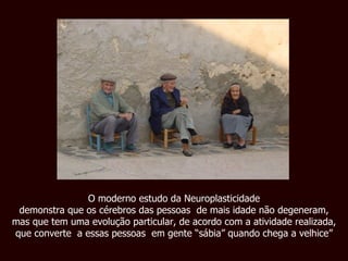 O moderno estudo da Neuroplasticidade demonstra que os cérebros das pessoas  de mais idade não degeneram, mas que tem uma evolução particular, de acordo com a atividade realizada, que converte  a essas pessoas  em gente “sábia” quando chega a velhice” 
