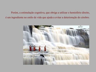 Porém, a estimulação cognitiva, que obriga a utilizar o hemisfério direito,
é um ingrediente no estilo de vida que ajuda a evitar a deterioração do cérebro.
 