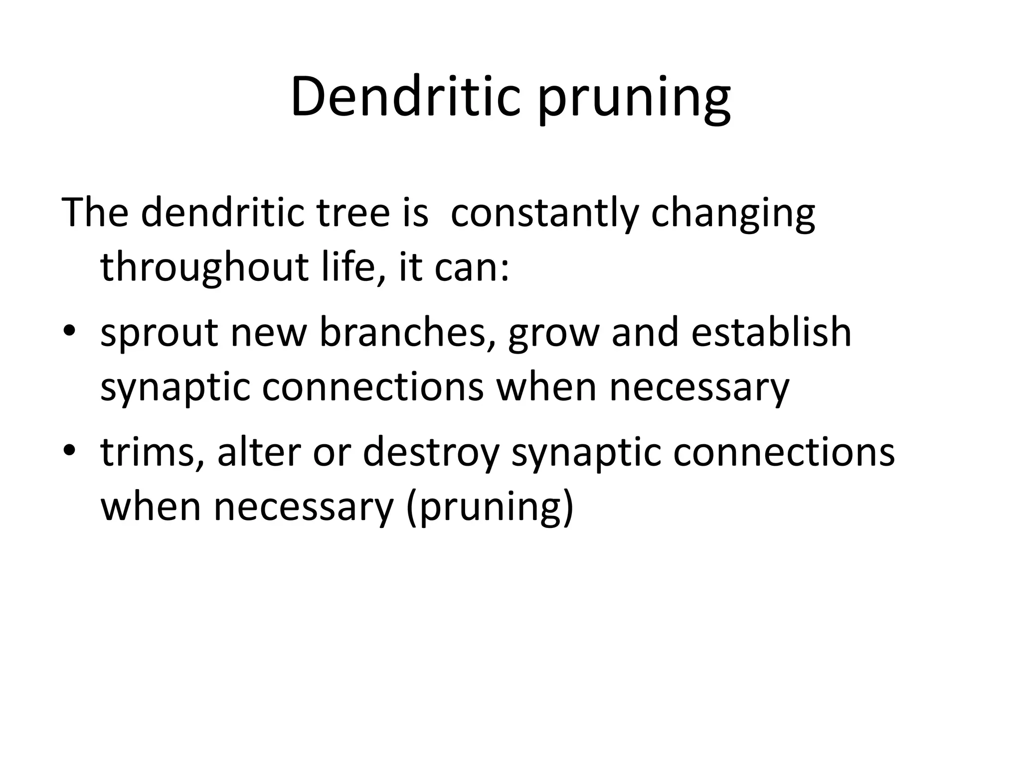 Dendritic pruning
The dendritic tree is constantly changing
  throughout life, it can:
• sprout new branches, grow and establish
  synaptic connections when necessary
• trims, alter or destroy synaptic connections
  when necessary (pruning)
 