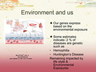Environment and us  Our genes express based on the environmental exposure  Some estimates indicate- 2 % of diseases are genetic such as  Hemophilia Huntington’s Disease Remaining impacted by life style & Environmental Exposures 
