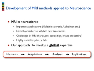 Hardware Acquisitions Processing Applications
Development of MRI methods applied to Neuroscience
Hardware Acquisitions Analyses Applications
◾ MRI in neuroscience
‣ Important applications (Multiple sclerosis,Alzheimer, etc.)
‣ Need biomarker to validate new treatments
‣ Challenges of MRI (hardware, acquisition, image processing)
‣ Highly multidisciplinary ﬁeld
◾ Our approach :To develop a global expertise
 