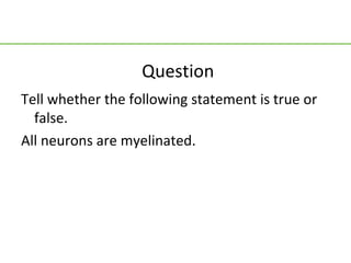 Question
Tell whether the following statement is true or
  false.
All neurons are myelinated.
 