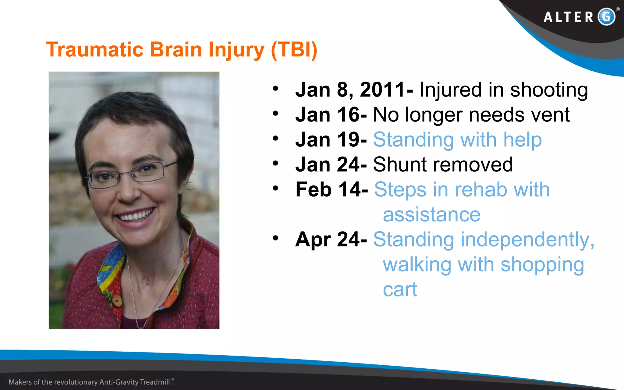 Traumatic Brain Injury (TBI)
• Jan 8, 2011- Injured in shooting
• Jan 16- No longer needs vent
• Jan 19- Standing with help
• Jan 24- Shunt removed
• Feb 14- Steps in rehab with
assistance
• Apr 24- Standing independently,
walking with shopping
cart
 