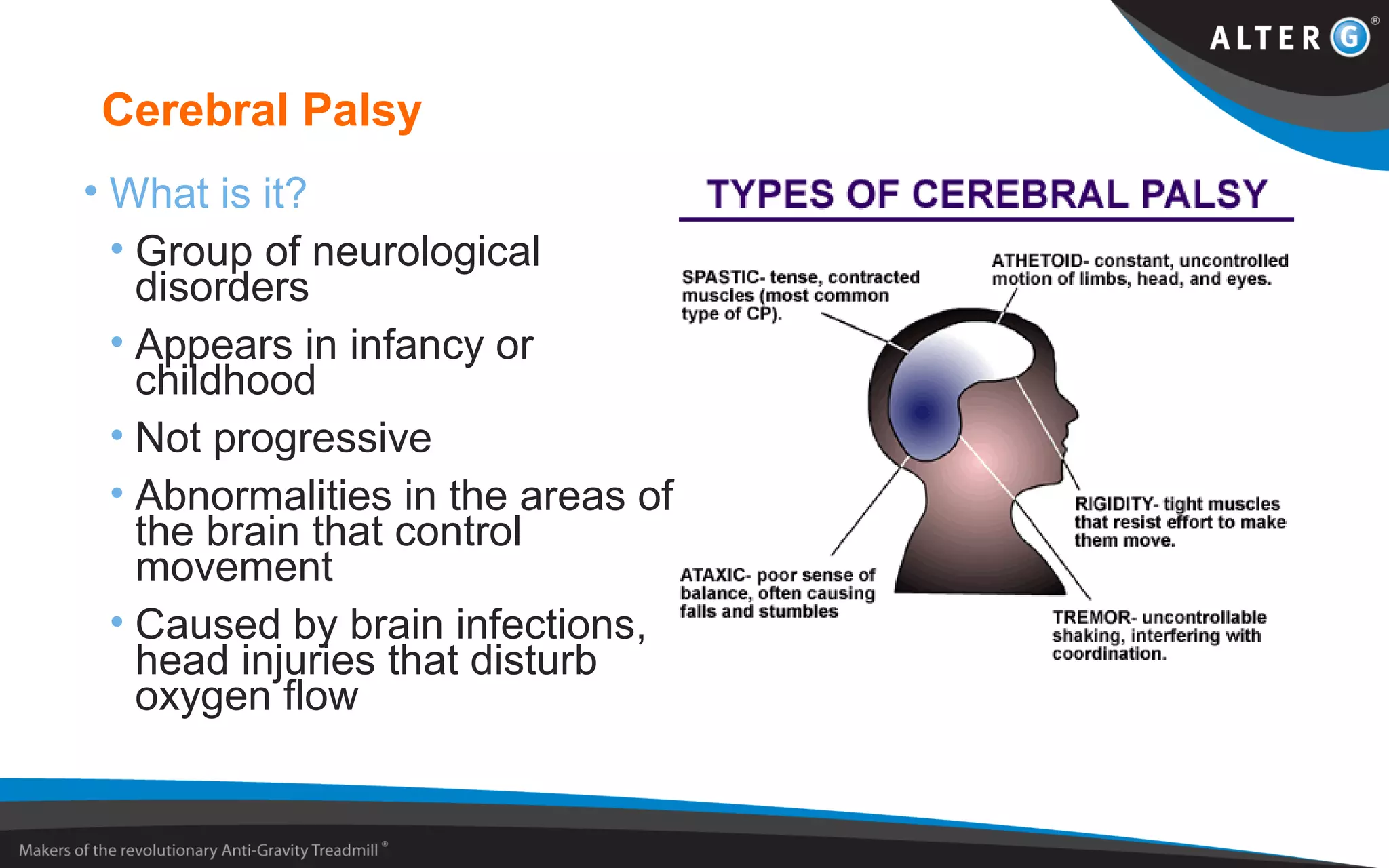 Cerebral Palsy
• What is it?
• Group of neurological
disorders
• Appears in infancy or
childhood
• Not progressive
• Abnormalities in the areas of
the brain that control
movement
• Caused by brain infections,
head injuries that disturb
oxygen flow
 