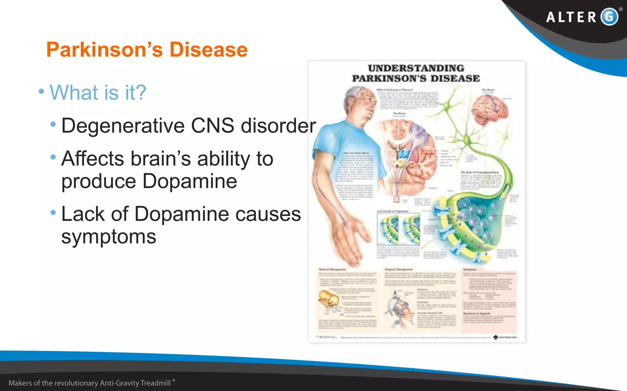 Parkinson’s Disease
• What is it?
• Degenerative CNS disorder
• Affects brain’s ability to
produce Dopamine
• Lack of Dopamine causes
symptoms
 
