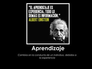 Aprendizaje
Cambios en la conducta de un individuo, debidos a
la experiencia
 