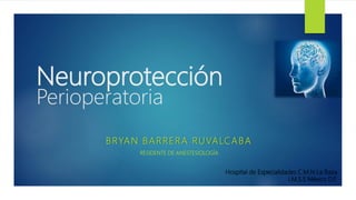 Neuroprotección
Perioperatoria
BRYAN BARRERA RUVALCABA
RESIDENTE DE ANESTESIOLOGÍA
Hospital de Especialidades C.M.N La Raza
I.M.S.S México D.F.
 