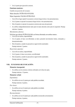 Guía de Calificación - 4 -
 Un (1) punto por ejecución correcta.
Funciones motoras:
Cambio de posición de la mano:
Mano derecha: PUÑO-FILO-PALMA
Mano Izquierda: PALMA-PUÑO-FILO
 Cero (0) no logra repetir la secuencio correcta luego de dos o tres presentaciones.
 Un (1) punto si ejecuta la secuencia luego de dos o tres presentaciones.
 Dos (2) puntos si ejecuto la secuencio correcta ante una sola personal.
 Se califica independientemente tanto para la mano derecha como para la izquierdo. Puntaje
máximo: 4 puntos.
Movimientos alternos:
Solicitar que alterne PUÑO-PALMA en forma alternada con ambas manos.
 Cero (O) no realiza, imposibilidad.
 Un (1) punto, lo hace con dificultad, es decir, presentó movimientos lentos, retrasados y
desautomatizados.
 Dos (2) puntos, cuando la ejecución es igual al del examinador.
Puntaje máximo: 2 puntos.
Reacciones opuestas:
 Cero (O) no realiza, imposibilidad.
 Un (1) punto, lo hace con errores, con dificultad.
 Dos (2) puntos, cuando la ejecución es igual al del examinador.
Puntaje máximo: 2 puntos.
VIII. FUNCIONES DE EVOCACIÓN:
Memoria visoespacial:
 Se califica con los mismos criterios utilizados en la fase de copia.
Puntaje máximo: 12 puntos.
Memoria verbal:
Espontánea:
 Se califica con un (1) punto por cada palabra recordada.
Puntaje máximo: 6 puntos.
Por claves:
 Se califica con un (1) punto por cada palabra recordada.
Puntaje máximo; 6 puntos.
Reconocimiento:
 Se califica con un (1) punto por cada palabra reconocida correctamente.
Puntaje máximo: 6 puntos.
 