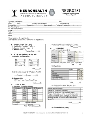 NEUROHEALTH Internacional Institute NEUROSCIENCES ® 1
N
NE
EU
UR
RO
OH
HE
EA
AL
LT
TH
H
International Institute of Neurosciences
N E U R O S C I E N C E S
NEUROPSI
Evaluación Neuropsicologica
Breve en Español
Apellidos y Nombres:........................................................................................H.C:................................................
Edad:......... Sexo:.......................... Lugar y Fecha de Nac.:.............................. Procedencia:..............................
Escolaridad:....................... Ocupación:....................... Lateralidad..........Fecha de Evaluación:......../........./.........
Dx. Neurológico: .....................................................................................................................................................
Dx. Neuropsicológico: .............................................................................................................................................
RMN:................................................................................................................................................…..……….…..
TAC:..................................................................................................................................................…...................
EEG:.................................................................................................................................................…....................
Otros:.......................................................................................................................................................................
Observaciones de importancia:
Antecedentes personales y familiares de importancia:
1. ORIENTACIÓN (Ptje. 0-1)
A. Tiempo: día ( ) mes ( ) año ( )
B. Espacio: Ciudad ( ) Lugar ( )
C. Persona: Edad ( )
Puntaje Total:_____(6)
2. ATENCIÓN Y CONCENTRACIÓN
A. Dígitos en Regresión:
4-8..................(2)
2-8-3...............(3)
8-6-3-2...........(4)
6-3-5-9-1........(5)
5-2-7-9-1-8.....(6)
9-1.................(2)
7-1-6..............(3)
2-6-1-7...........(4)
3-8-1-6-2........(5)
1-4-9-3-2-7.....(6)
Total:______(6)
B. Detección Visual (t: 60”): Lam. A (t:3”)
___(Aciertos) - ___(Errores) = ____(16)
C. Sustracción:
20-3=___-3=___-3=___-3=___-3=___
Total:_____(5)
3. CODIFICACIÓN
A. Memoria Verbal Espontánea:
1° Ensayo 2° Ensayo 3° Ensayo
gato mano codo
Pera vaca fresa
mano fresa pera
Fresa gato vaca
Vaca codo gato
Codo pera mano
Total
Intrusiones:...........Perseveraciones:..........
Primacía:...................Presencia:................
Total Promedio:_____(6)
B. Proceso Visoespacial (Copia Lam.1):
Total______(12)
4. LENGUAJE
A. Denominación (Lam 2-9):
Pje Rpta Pje Rpta
Chivo Llave
Guitarra Serpiente
Trompeta Reloj
Dedo Bicicleta
Opcional: Lápiz, reloj, botón, techo, tobillo, zapato, llave.
Total:______(8)
B. Repetición:
Rpta. Pje.
Sol 0 - 1
Ventana 0 - 1
El niño llora 0 - 1
El hombre camina
lentamente por la calle.
0 - 1
Total:_______(4)
C. Comprensión: Lam. 10 (Ptje. 0-1)
Total:________(6)
D. Fluidez Verbal: (t:60”)
Señale el cuadrado peq.
Señale un círculo y un cuadrado.
Señale un circulo peq. y un cuadrado grand.
Toque el circulo peq. , si hay un cuadrado grande.
Toque el cuadrado grand., en lugar del circulo peq.
Además de tocar los círculos, toque el cuadrado
pequeño.
 