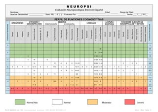 N
N E
E U
U R
R O
O P
P S
S I
I
Evaluación Neuropsicológica Breve en Español
Nombres:____________________________________________________________________________________________ Edad: ________ Rango de Edad: _______________
Nivel de Escolaridad: _______________ Sexo: M ( ) F ( ) Evaluado Por: ___________________________________________________ Fecha:____ /____/ 201__
PERFIL DE FUNCIONES COGNOSCITIVAS
MEMORIA LECTURA
ORIENTACIÓN
ATENCIÓN Y
CONCENTRACIÓN CODIFICACIÓN
Normal Alto Normal Moderado Severo
NEUROHEALTH International Institute NEUROSCIENSES ® John Elber Tafur C.
EVOCACIÓN
LENGUAJE
ESRITURA
FUNCIONES EJECUTIVAS
CONCEPTUALES Y MOTORA
Puntuación
Normalizada
Tiempo
Espacio
Persona
Dígitos
Detección
Visual
Sustracción
20
-
3
Palabras
Fig.
Semicompleja
Espontánea
Por
Categorías
Reconocimiento
Fig.
Semicompleja
Denominación
Repetición
Comprensión
F.
Verbal
Semántica
F.
Verbal
Fonológica
Lectura
Dictado
Copiado
Semejanzas
Calculo
Secuenciación
Mano
Derecha
Mano
Izquierda
Movimientos
Alternos
Reacciones
Opuestas
Puntuación
Normalizada
3 3
25 2.5
2 33 23-24 2
6 31-32 21-22 1.5
1 5 16 6 27-28 19-20 1
15 12 6 6 6 11.5-12 25-26 17-18 3 2 2 0.5
0 3 2 1 4 13-14 5 5 11.5 5 5 10-11 8 4 6 20-24 13-16 3 1 1 6 1 2 2 0
12 4 4 5 9-9.5 18-19 11-12 5 2 1 -0.5
-1 3 11 4 4 11 8.5 15-16 9-10 1 -1
10 3 3 3 4 7.5-8 13-14 7- 8 2 4 1 -1.5
-2 1 2 9 2 10.5 2 3 7 10-12 6 3 1 0 0 1 -2
7 - 8 3 2 1 - 2 6 8-9 4-5 -2.5
-3 0 -2 0 0 0 0 - 3 0 - 1 0 - 2 0 - 4.5 0 - 1 0 - 1 0 0 - 5 0-2 0-3 0-5 0-7 0-3 0-1 0 0 0-2 0 0 0 0 -3
 