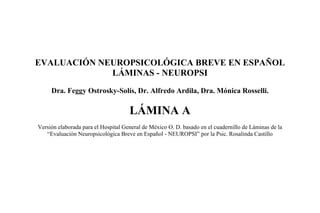 EVALUACIÓN NEUROPSICOLÓGICA BREVE EN ESPAÑOL
LÁMINAS - NEUROPSI
Dra. Feggy Ostrosky-Solís, Dr. Alfredo Ardila, Dra. Mónica Rosselli.
LÁMINA A
Versión elaborada para el Hospital General de México O. D. basado en el cuadernillo de Láminas de la
“Evaluación Neuropsicológica Breve en Español - NEUROPSI” por la Psic. Rosalinda Castillo
 