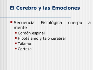 El Cerebro y las Emociones
 Secuencia Fisiológica cuerpo a
mente
 Cordón espinal
 Hipotálamo y talo cerebral
 Tálamo
 Corteza
 