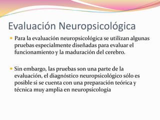 Evaluación Neuropsicológica
 Para la evaluación neuropsicológica se utilizan algunas
 pruebas especialmente diseñadas para evaluar el
 funcionamiento y la maduración del cerebro.

 Sin embargo, las pruebas son una parte de la
 evaluación, el diagnóstico neuropsicológico sólo es
 posible si se cuenta con una preparación teórica y
 técnica muy amplia en neuropsicología
 