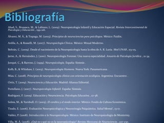 Abad, S., Brusasca, M., & Labiano, L. (2009). Neuropsicología Infantil y Educación Especial. Revista Intercontinental de
Psicología y Educación , 199-216.

Álvarez, M. Á., & Trapaga, M. (2003). Principios de neurociencias para psicólogos. México: Paidós.

Ardila, A., & Rosselli, M. (2007). Neuropsiclogía Clínica. México: Mnual Moderno.

Beltrán, C. (2009). Desde el nacimiento de la Neuropsicología hasta la obra de A. R. Luria. Med UNAB , 113-115.

Jarne, A., & Hernández, J. (2001). Neuropsicología Forense: Una nueva especialidad. Anuario de Psicología Jurídica , 21-34.

Junqué, C., & Barroso, J. (1999). Neuropsicología. España: Sintesis .

Kolb, B., & Whishaw, I. (2003). Neuropsicología Humana. Nueva York: Panamericana .

Mías, C. (2008). Principios de neuropsicología clínica con orientación ecológica. Argentina: Encuentro .

Ortiz, T. (2009). Neurociencia y Educación. Madrid: Alianza Editorial.

Portellano, J. (2007). Neuropsicología Infantil. España: Sintesis.

Rodríguez, F. (2009). Educación y Neurociencia. Psicología Educativa , 27-38.

Solms, M., & Turnbull, O. (2005). El cerebro y el mndo interior. México: Fondo de Cultura Económica.

Tirado, E. (2006). Evaluación Neuropsicológica y Neurocirugía Psiquiátrica. Salud Mental , 13-17.

Valdez, P. (2008). Introducción a la Neuropsicología. México: Instituto de Neuropsicología de Monterrey.

Villa, M. Á. (2008). ¿Qué es y qué no es la neuropsicología? Revista Mexicana de Neurociencia , 227-230.
 