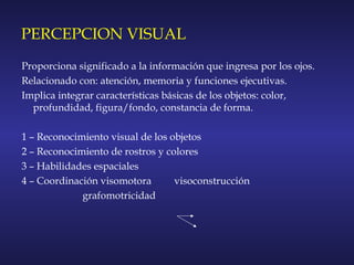 PERCEPCION VISUAL
Proporciona significado a la información que ingresa por los ojos.
Relacionado con: atención, memoria y funciones ejecutivas.
Implica integrar características básicas de los objetos: color,
profundidad, figura/fondo, constancia de forma.
1 – Reconocimiento visual de los objetos
2 – Reconocimiento de rostros y colores
3 – Habilidades espaciales
4 – Coordinación visomotora visoconstrucción
grafomotricidad
 
