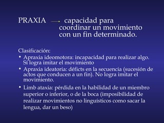 PRAXIA capacidad para
coordinar un movimiento
con un fin determinado.
Clasificación:
• Apraxia ideomotora: incapacidad para realizar algo.
Sí logra imitar el movimiento
• Apraxia ideatoria: déficts en la secuencia (sucesión de
actos que conducen a un fin). No logra imitar el
movimiento.
• Limb ataxia: pérdida en la habilidad de un miembro
superior o inferior, o de la boca (imposibilidad de
realizar movimientos no linguísticos como sacar la
lengua, dar un beso)
 