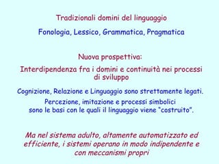 Tradizionali domini del linguaggio
Fonologia, Lessico, Grammatica, Pragmatica
Nuova prospettiva:
Interdipendenza fra i dom...