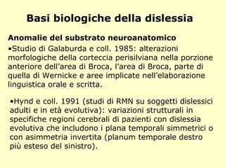 Basi biologiche della dislessia
Anomalie del substrato neuroanatomico
•Studio di Galaburda e coll. 1985: alterazioni
morfologiche della corteccia perisilviana nella porzione
anteriore dell’area di Broca, l’area di Broca, parte di
quella di Wernicke e aree implicate nell’elaborazione
linguistica orale e scritta.
•Hynd e coll. 1991 (studi di RMN su soggetti dislessici
adulti e in età evolutiva): variazioni strutturali in
specifiche regioni cerebrali di pazienti con dislessia
evolutiva che includono i plana temporali simmetrici o
con asimmetria invertita (planum temporale destro
più esteso del sinistro).
 