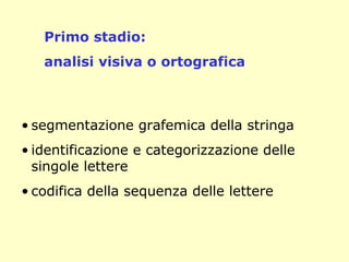 • segmentazione grafemica della stringa
• identificazione e categorizzazione delle
singole lettere
• codifica della sequenza delle lettere
Primo stadio:
analisi visiva o ortografica
 