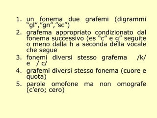 1. un fonema due grafemi (digrammi
“gl”,”gn”,”sc”)
2. grafema appropriato condizionato dal
fonema successivo (es “c” e g” seguite
o meno dalla h a seconda della vocale
che segue
3. fonemi diversi stesso grafema /k/
e / c/
4. grafemi diversi stesso fonema (cuore e
quota)
5. parole omofone ma non omografe
(c’ero; cero)
 
