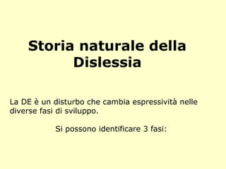 Storia naturale della
Dislessia
La DE è un disturbo che cambia espressività nelle
diverse fasi di sviluppo.
Si possono identificare 3 fasi:
 