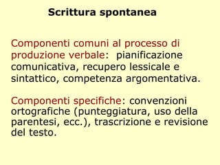 Scrittura spontanea
Componenti comuni al processo di
produzione verbale: pianificazione
comunicativa, recupero lessicale e
sintattico, competenza argomentativa.
Componenti specifiche: convenzioni
ortografiche (punteggiatura, uso della
parentesi, ecc.), trascrizione e revisione
del testo.
 