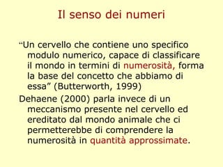 Il senso dei numeri
“Un cervello che contiene uno specifico
modulo numerico, capace di classificare
il mondo in termini di numerosità, forma
la base del concetto che abbiamo di
essa” (Butterworth, 1999)
Dehaene (2000) parla invece di un
meccanismo presente nel cervello ed
ereditato dal mondo animale che ci
permetterebbe di comprendere la
numerosità in quantità approssimate.
 