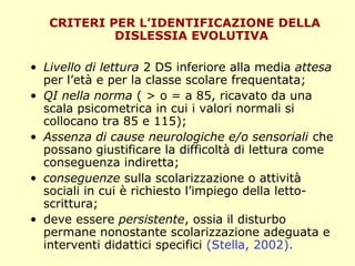CRITERI PER L’IDENTIFICAZIONE DELLA
DISLESSIA EVOLUTIVA
• Livello di lettura 2 DS inferiore alla media attesa
per l’età e per la classe scolare frequentata;
• QI nella norma ( > o = a 85, ricavato da una
scala psicometrica in cui i valori normali si
collocano tra 85 e 115);
• Assenza di cause neurologiche e/o sensoriali che
possano giustificare la difficoltà di lettura come
conseguenza indiretta;
• conseguenze sulla scolarizzazione o attività
sociali in cui è richiesto l’impiego della letto-
scrittura;
• deve essere persistente, ossia il disturbo
permane nonostante scolarizzazione adeguata e
interventi didattici specifici (Stella, 2002).
 