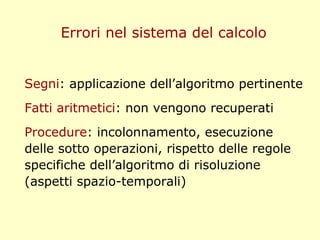 Errori nel sistema del calcolo
Segni: applicazione dell’algoritmo pertinente
Fatti aritmetici: non vengono recuperati
Procedure: incolonnamento, esecuzione
delle sotto operazioni, rispetto delle regole
specifiche dell’algoritmo di risoluzione
(aspetti spazio-temporali)
 