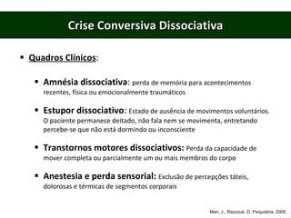 Crise Conversiva Dissociativa Quadros Clínicos : Amnésia dissociativa :  perda de memória para acontecimentos recentes, física ou emocionalmente traumáticos Estupor dissociativo :  Estado de ausência de movimentos voluntários.  O paciente permanece deitado, não fala nem se movimenta, entretando percebe-se que não está dormindo ou inconsciente Transtornos motores dissociativos:  Perda da capacidade de mover completa ou parcialmente um ou mais membros do corpo Anestesia e perda sensorial:  Exclusão de percepções táteis, dolorosas e térmicas de segmentos corporais Mari, J., Razzouk, D. Psiquiatria. 2005 