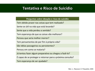 Tentativa e Risco de Suicídio Mari, J., Razzouk, D. Psiquiatria. 2005 Perguntas sobre ideação e risco de suicídio Tem obtido prazer nas coisas que tem realizado? Sente-se útil na vida que está levando? Sente que a vida perdeu o sentido? Tem esperança de que as coisas vão melhorar? Pensou que seria melhor morrer? Tem pensamentos de por fim à própria vida? São idéias passageiras ou persistentes? Pensou em como se mataria? Já tentou fazer algum preparativo ou chegou a fazê-lo? É capaz de se proteger e retornar para a próxima consulta? Tem esperança de ser ajudado? 